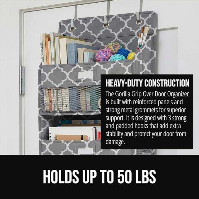 GORILLA GRIP Large Capacity Closet Organizer, 5 Deep Shelves, Holds 50lbs, Over the Door Organizers 6 Mesh Pockets, Shelf Storage for Clothes Crafts Essentials, 3 Metal Hooks, 58x15 Inches, Quatrefoil