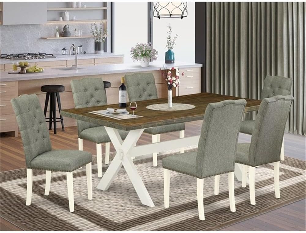 East West Furniture X077EL207-7 7 Piece Dining Room Table Set Consist of a Rectangle Dining Table with X-Legs and 6 Gray Linen Fabric Upholstered Parson Chairs, 40x72 Inch, Multi-Color
