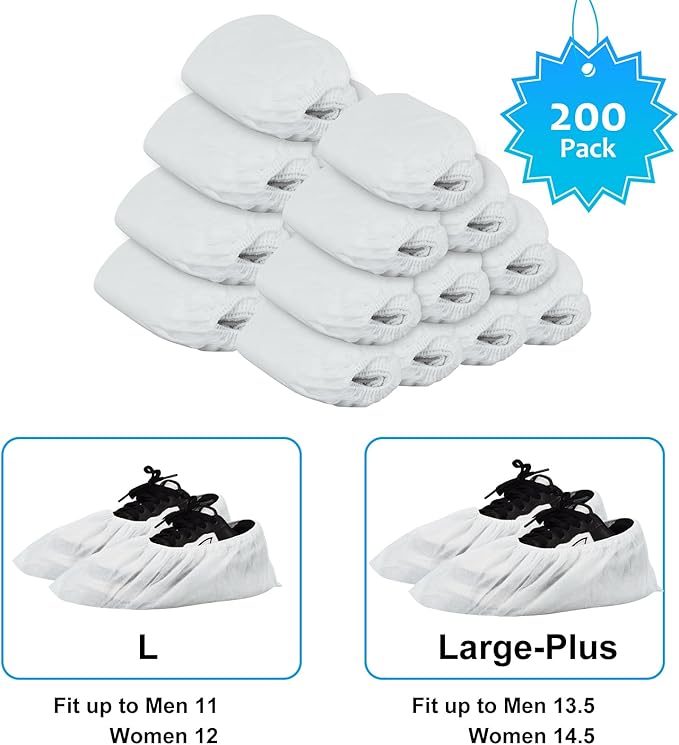Shoe Covers Disposable 200Pack(100Pairs) White Shoe Booties Cover Non Slip for Home Floors Carpet,fits up to US Women 12 and Men 11