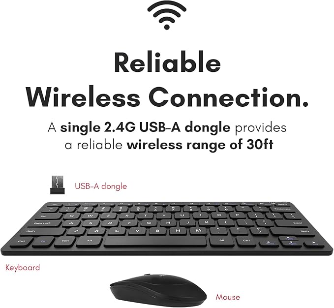 Macally Small Wireless Keyboard and Mouse Combo - Quiet Productivity Duo - 2.4G Wireless Keyboard Mouse for PC - 78 Key Mini Keyboard and Mouse with Slim Body, Click Buttons, and 3 DPI Modes