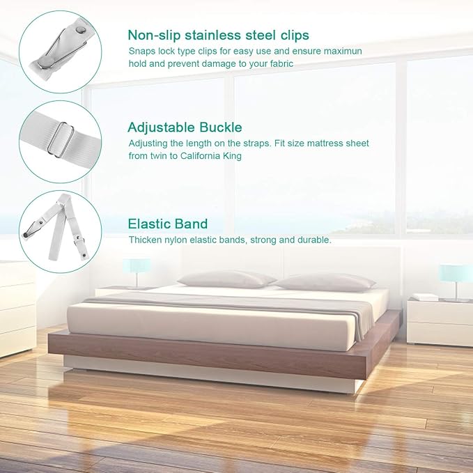 Bed Sheet Holder Straps- Adjustable Fitted Sheet Clips Bed Sheet Fastener Suspenders Elastic Gripper Holder Used for Bed Sheets,Mattress Covers, Sofa Cushion(Set of 4)