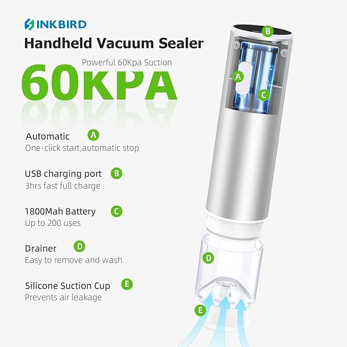 INKBIRD Compact Vacuum Sealer for Food, 6-In-1 Powerful Handheld Vacuum Sealer Machine+10 Reusable Sous Vide Bags+ 4 Reusable Jar Lids, Seal Meal 10X Fresh, Wireless & Portable & Rechargeable