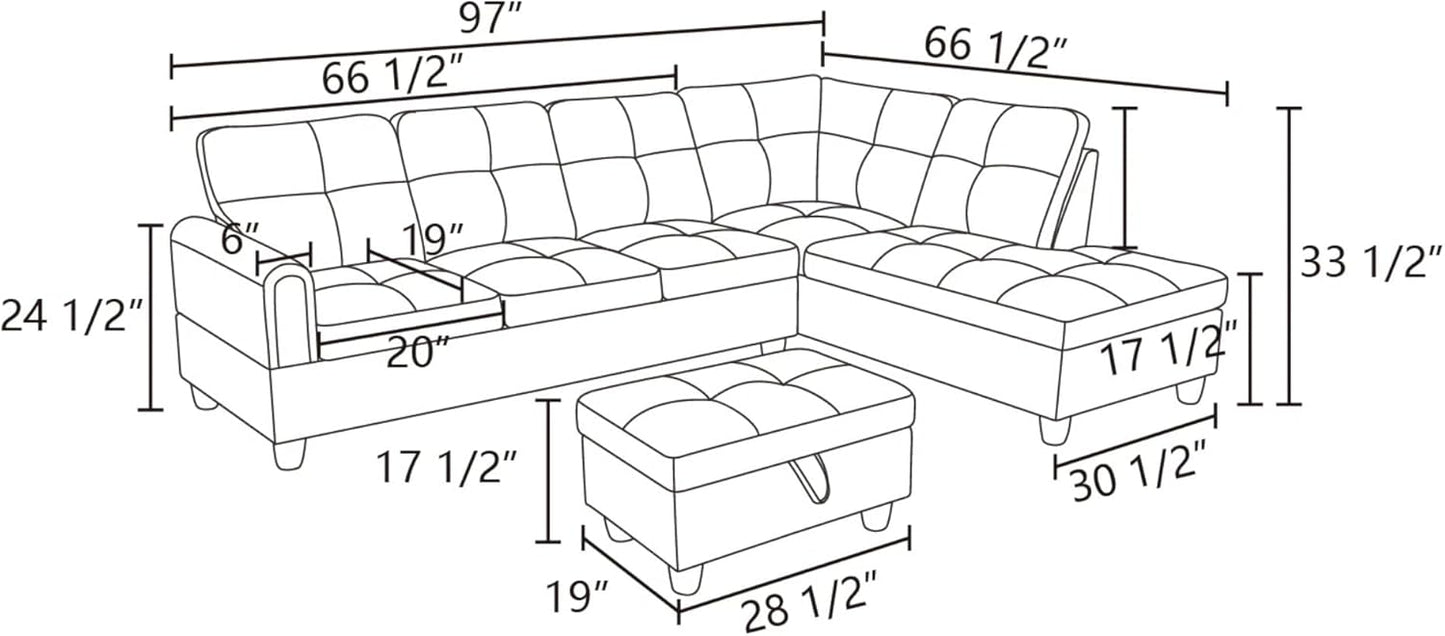 L-Shaped Sectional Sofa with Ottoman, Right-Facing Modern Microfiber Couch for Living Room, Bedroom, Office, Dark-Blue