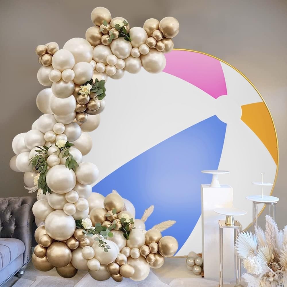 Leyiyi 7.5x7.5ft Beach Ball Round Backdrop Cover Polyester Swimming Pool Ball Backdrop for Pool Party Summer Beach Ball Decoration Newborn Kids Birthday Party Cake Table Banner Photo Booth Props