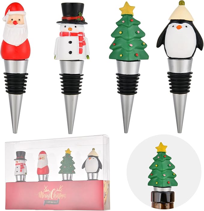 4 Pack Christmas Wine Stoppers Set, Resin Wine Bottle Stoppers for Winter Decor Holiday Wedding Christmas Party Supplies, Wine Accessories Gift for Hostess - Wine Bottle Corkers