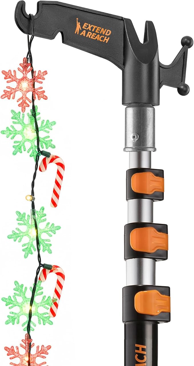4-12 ft Long Telescopic Extension Pole with Utility Hook // Telescoping Pole for Christmas Lights Installation, String Lights, Birdfeeders // Lightweight and Sturdy // Christmas Light Pole with Hook