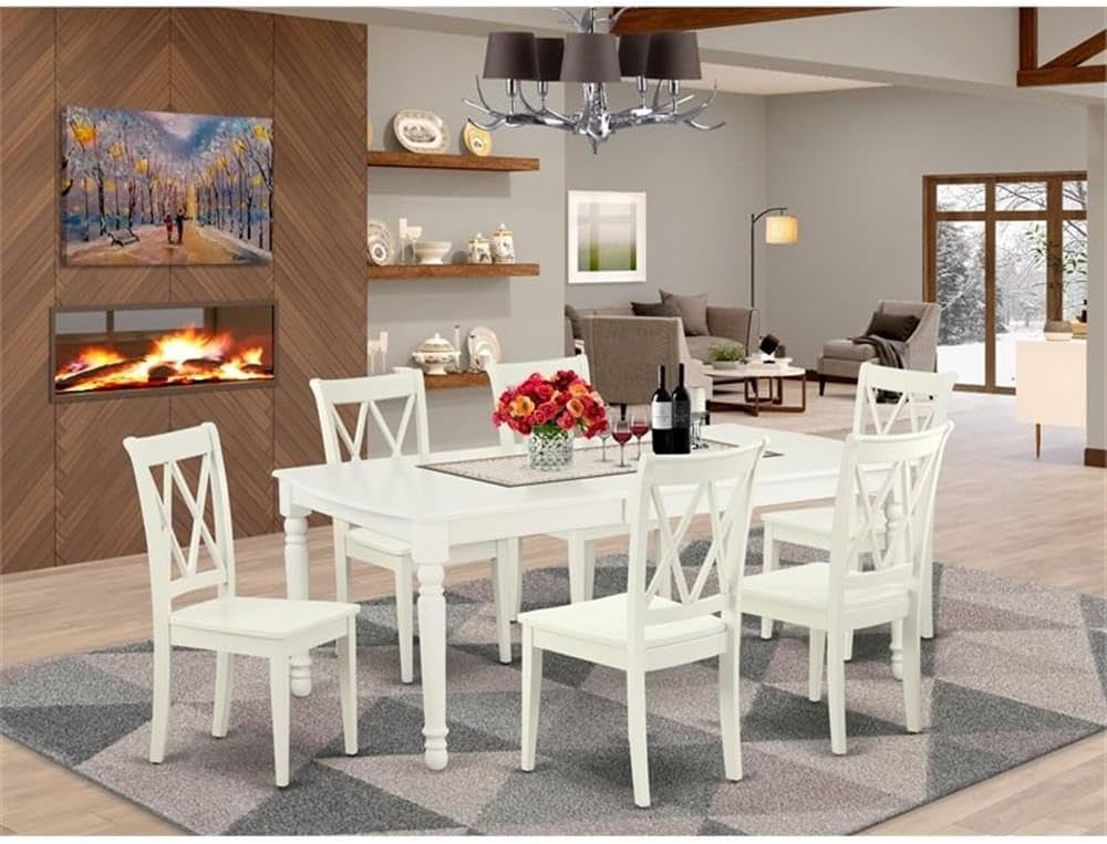 East West Furniture DOCL7-LWH-W 7 Piece Modern Dining Table Set Consist of a Rectangle Wooden Table with Butterfly Leaf and 6 Kitchen Dining Chairs, 42x78 Inch, Linen White