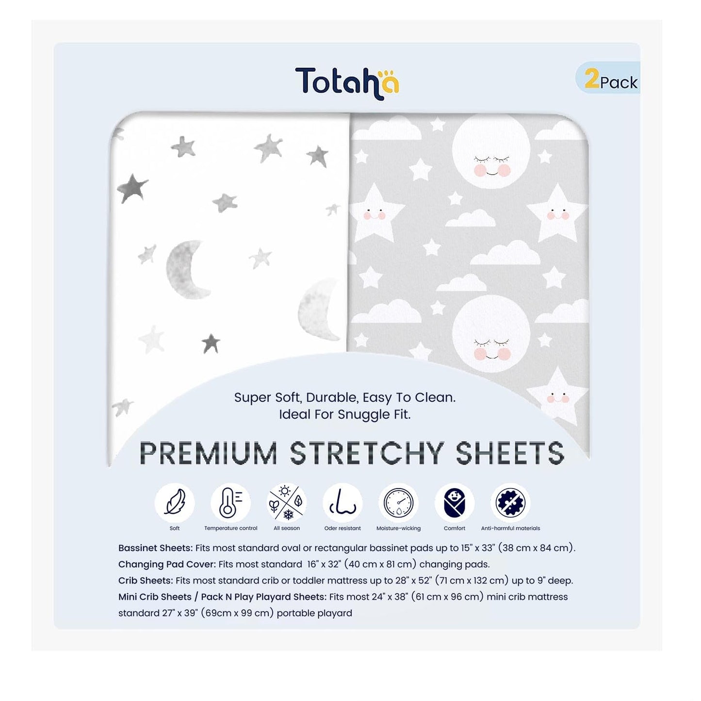 TotAha Premium Stretchy Crib Sheets (2-Pack)-Hypoallergenic, Silky Comfort, Buttery Soft, Calming Effect, All-Season Jersey-Knit Sheets, 9'' Extra Deep Pocket, Moon & Grey Sky