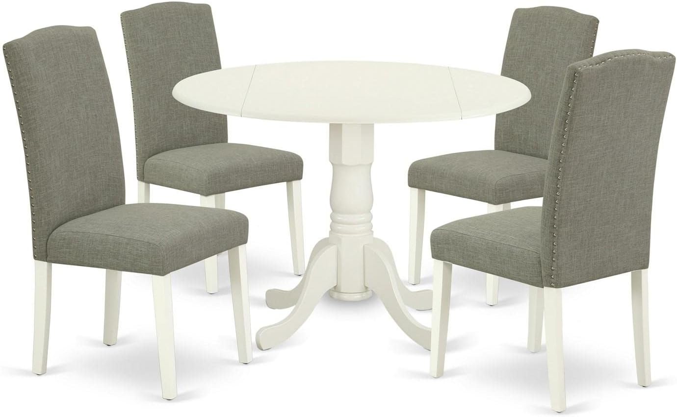 East West Furniture DLEN5-LWH-06 5 Piece Kitchen Table & Chairs Set Includes a Round Dining Table with Dropleaf and 4 Dark Shitake Linen Fabric Upholstered Chairs, 42x42 Inch, Linen White