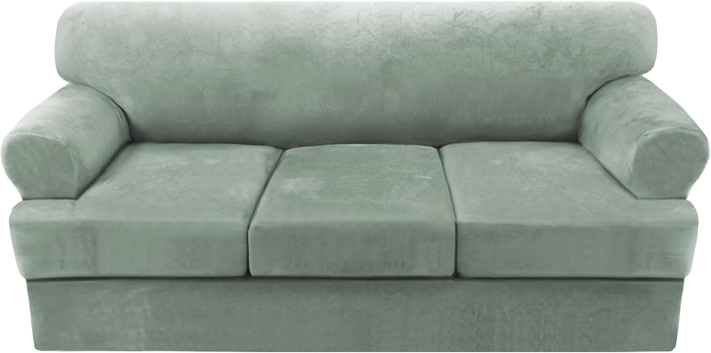 H.VERSAILTEX Sofa Cover 4 Piece T Cushion Sofa Slipcovers Thick Velvet Couch Cover Stretch T Cushion Sofa Covers for 3 Cushion Couch with 3 Individual T Cushion Covers Washable, Sea Grass