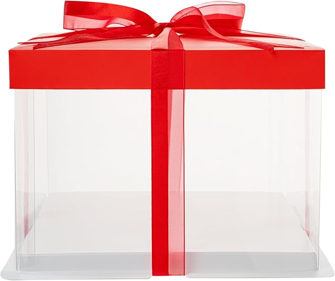 Restaurantware Sweet Vision 8.5 Inch x 6.75 Inch Transparent Cake Boxes 10 Grease Resistant Base Clear Cake Boxes - Red Lid Red Ribbon Plastic Birthday Cake Boxes For Weddings Or Birthdays
