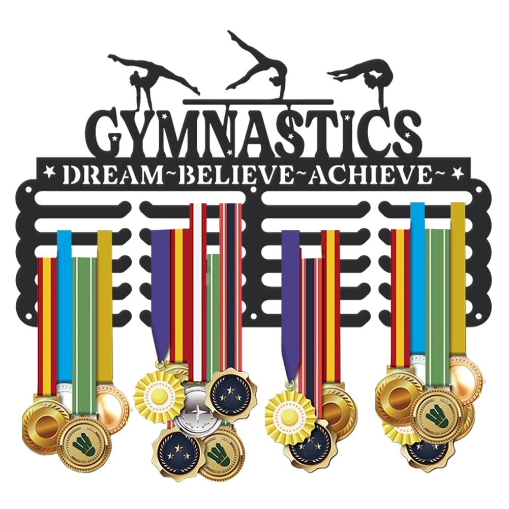 SUPERDANT Gymnastic Medal Hanger Display Women Girls Gymnastic Award Metal Holder Rack Star Gymnastics Holder Display 5 Rows 20 Hangers Medal Rack Wall Mounted Race Hanger Gifts for Athletes Kids