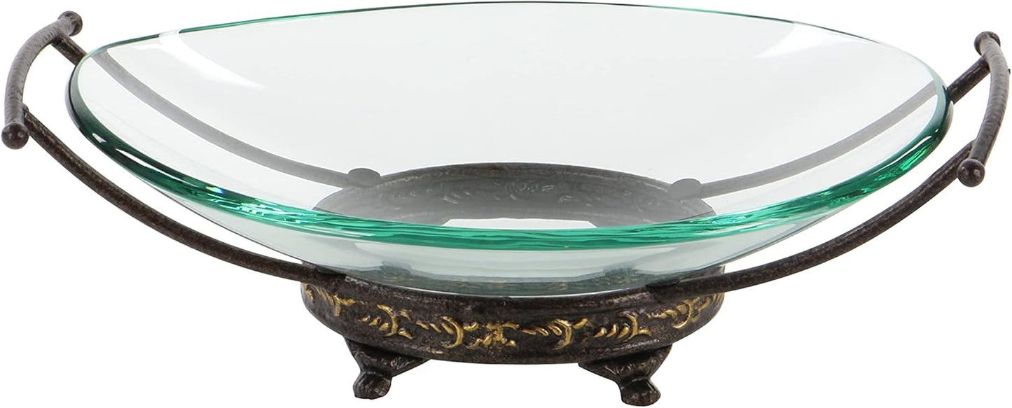 Deco 79 Tempered Glass Kitchen Serving Bowl with Brown Metal Base, 17" x 11" x 5", Clear