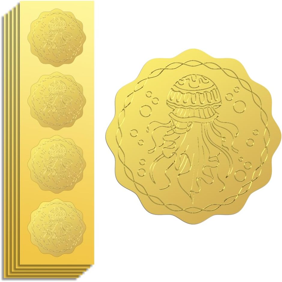 Peacoblue Gold Foil Sticker Seal Embossed 2 Inch 100Pcs Jellyfish, Self Adhesive Gold Around Embossing Sticker for Invitation Certificate Envelope Seal Gift Card Decoration