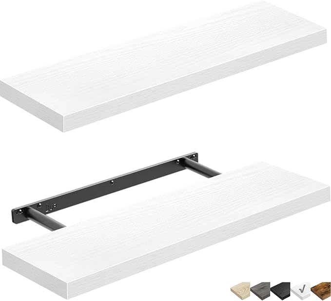 QEEIG Floating Shelves for Wall 23.6" Long - Wall Mounted Shelf Bathroom Kitchen Living Room Bedroom Farmhouse Home Decor Display Bookshelf Large 23.6 x 9.3 inch Set of 2, White (008-60W)