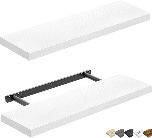 QEEIG Floating Shelves for Wall 23.6" Long - Wall Mounted Shelf Bathroom Kitchen Living Room Bedroom Farmhouse Home Decor Display Bookshelf Large 23.6 x 9.3 inch Set of 2, White (008-60W)