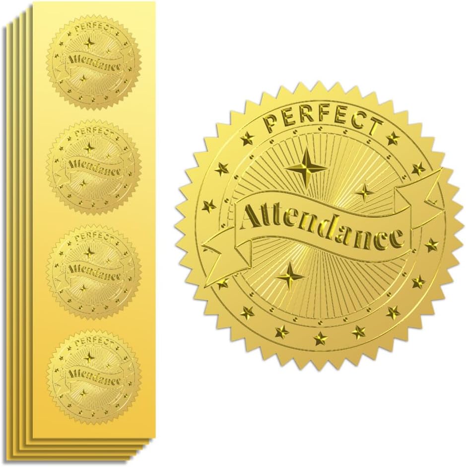 Peacoblue Gold Foil Stickers Seals Official Embossed Perfect Attendance 2Inch 100Pcs, Self Adhesive Gold Around Embossing Medal Sticker for Certificate Paper Awards Envelope and Encouragement to Staff