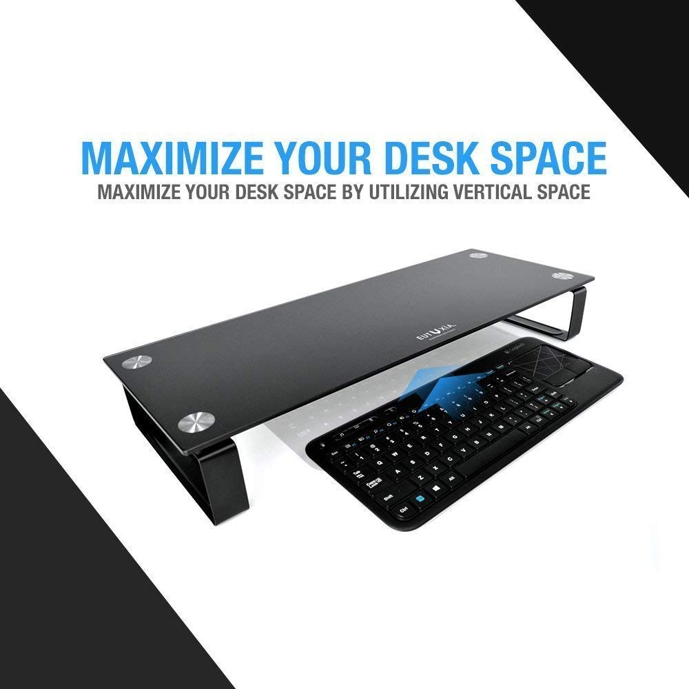 Eutuxia Type-S Black Tempered Glass Monitor Stand, TV, Laptop, Computer, All-In-One Desktop, Printer Riser [21.75 x 8.25 x 3.25 Inches]