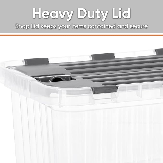 Superio Storage Box with Hinged Lids, Plastic Container Bins for Organizing with Attached Lid, Stackable Crates, BPA Free, Organizers for Home, 17 Quart (Clear with Grey Lids, 15"x10"x10.25")