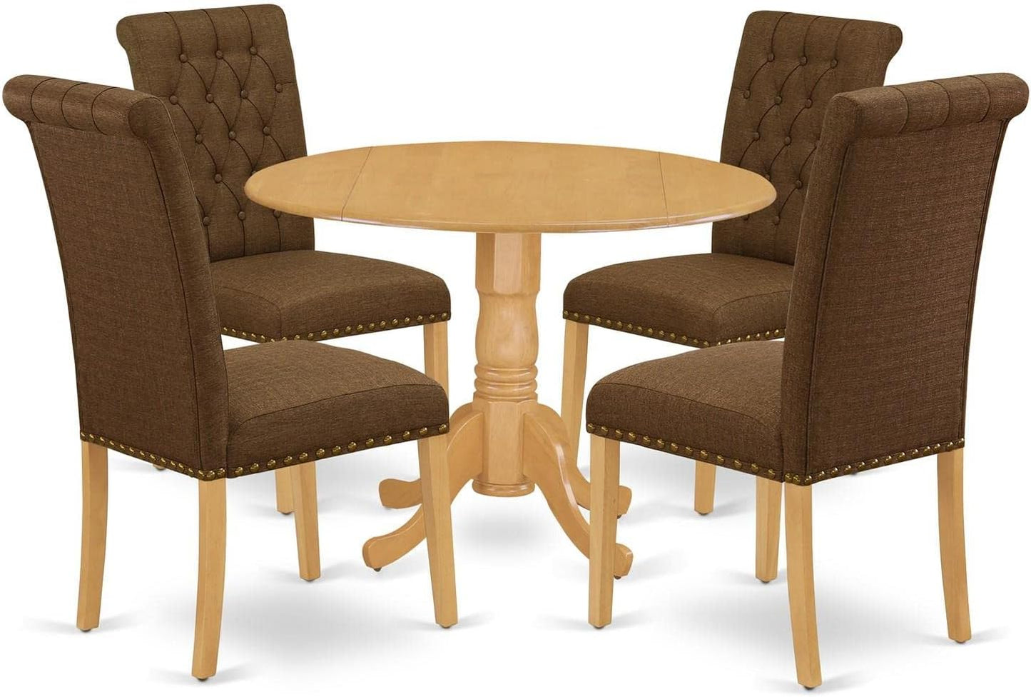 East West Furniture DLBR5-OAK-18 5 Piece Dining Room Table Set Includes a Round Dining Table with Dropleaf and 4 Brown Linen Linen Fabric Upholstered Parson Chairs, 42x42 Inch, Oak