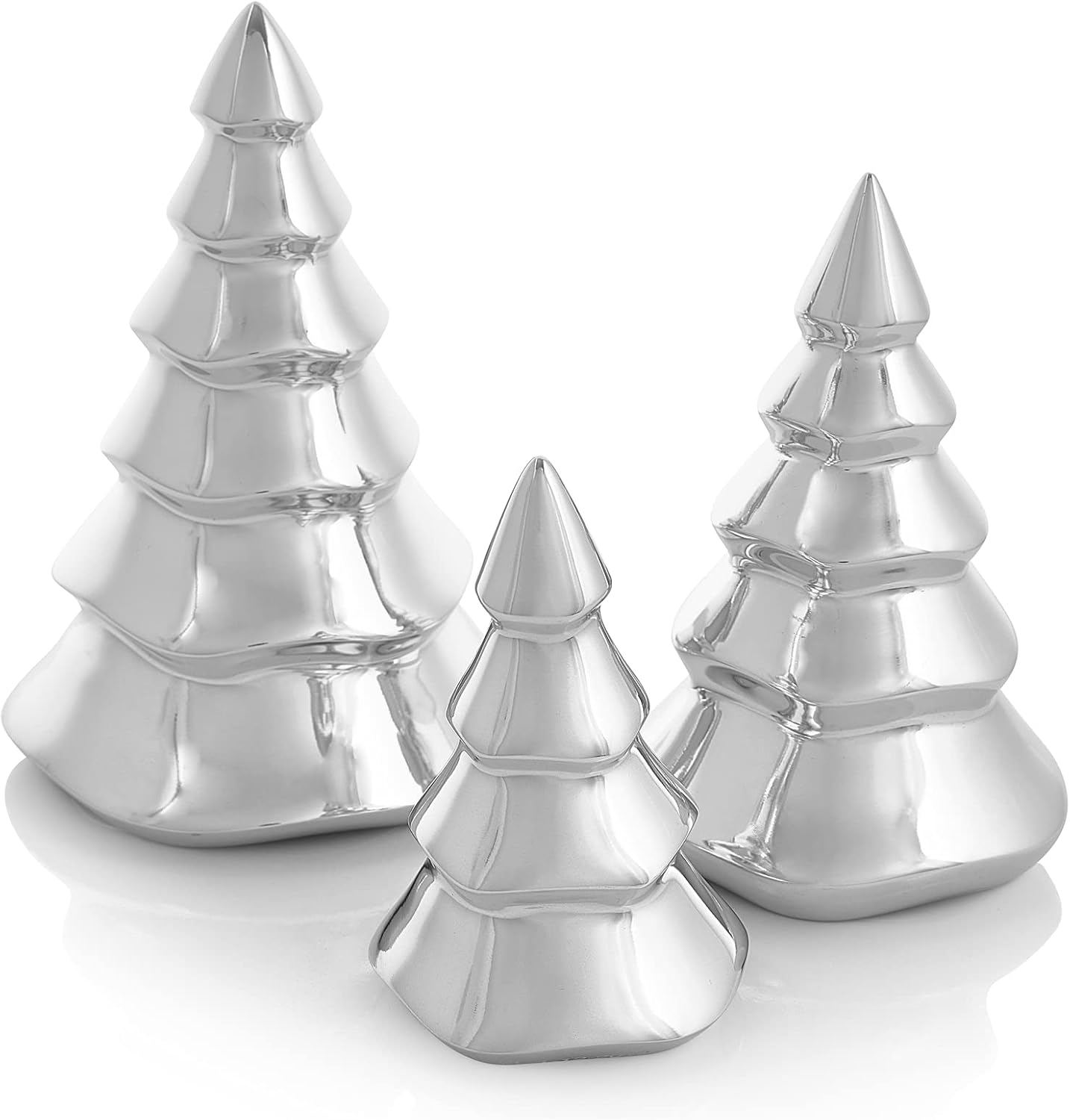 Nambé Holiday Mini Christmas Tree Set – Sculpted Alloy Design with Snowy Accents, Festive Seasonal Decoration for Mantel, Tabletop, or Shelf Display – Three Sizes, Elegant Holiday Collectibles