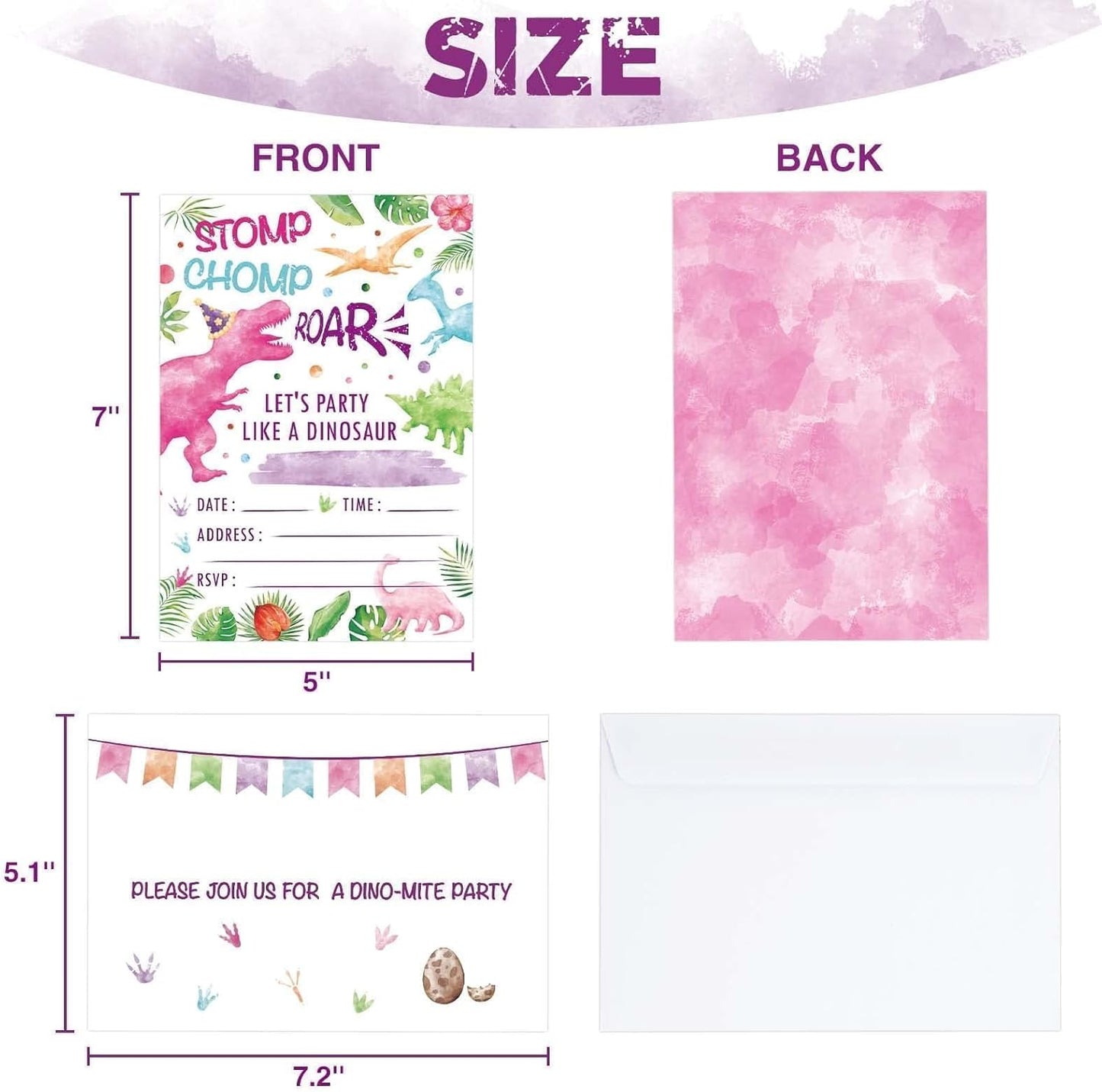 WERNNSAI 20 Sets Dinosaur Party Invitation with Envelopes - Pink Dinosaur Invitation Cards for Girls Kids Birthday Party Supplies Watercolor T-Rex Invites Cards Double Sided for Baby Shower Decoration