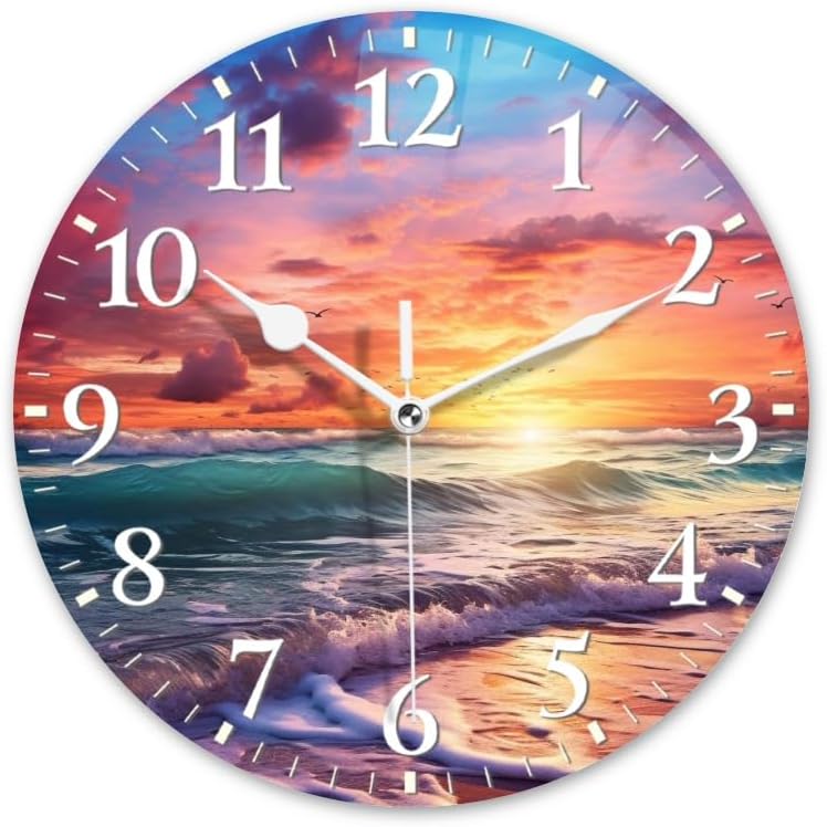 Beach Wall Clock Non-Ticking Silent Clocks Battery Operated Analog Decor Clock for Home-Beautiful Beach Sunset with Colorful Clouds and Waves(16inch)