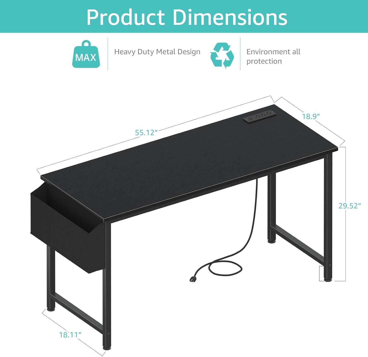 Lufeiya Gaming Desk with Power Outlet, 55 inch Teen Study Table Home Office Work Writing Computer Desks with Charging Station Outlets Built in, Black