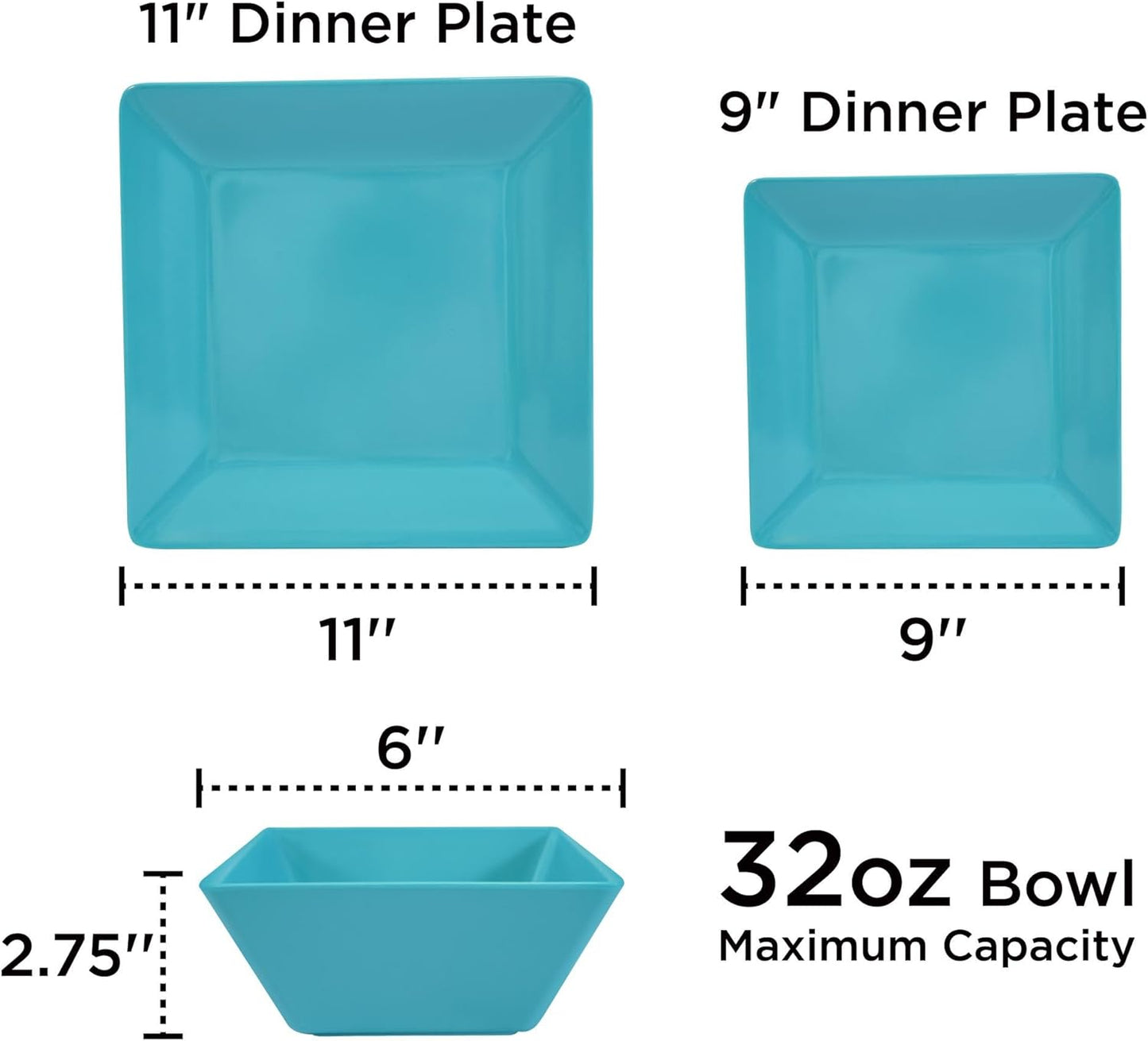TP 12-Piece Dinnerware Set, Melamine Dishes Set with Bowls and Plates, Non-breakable and Lightweight Square Dinner Set for 4, Teal