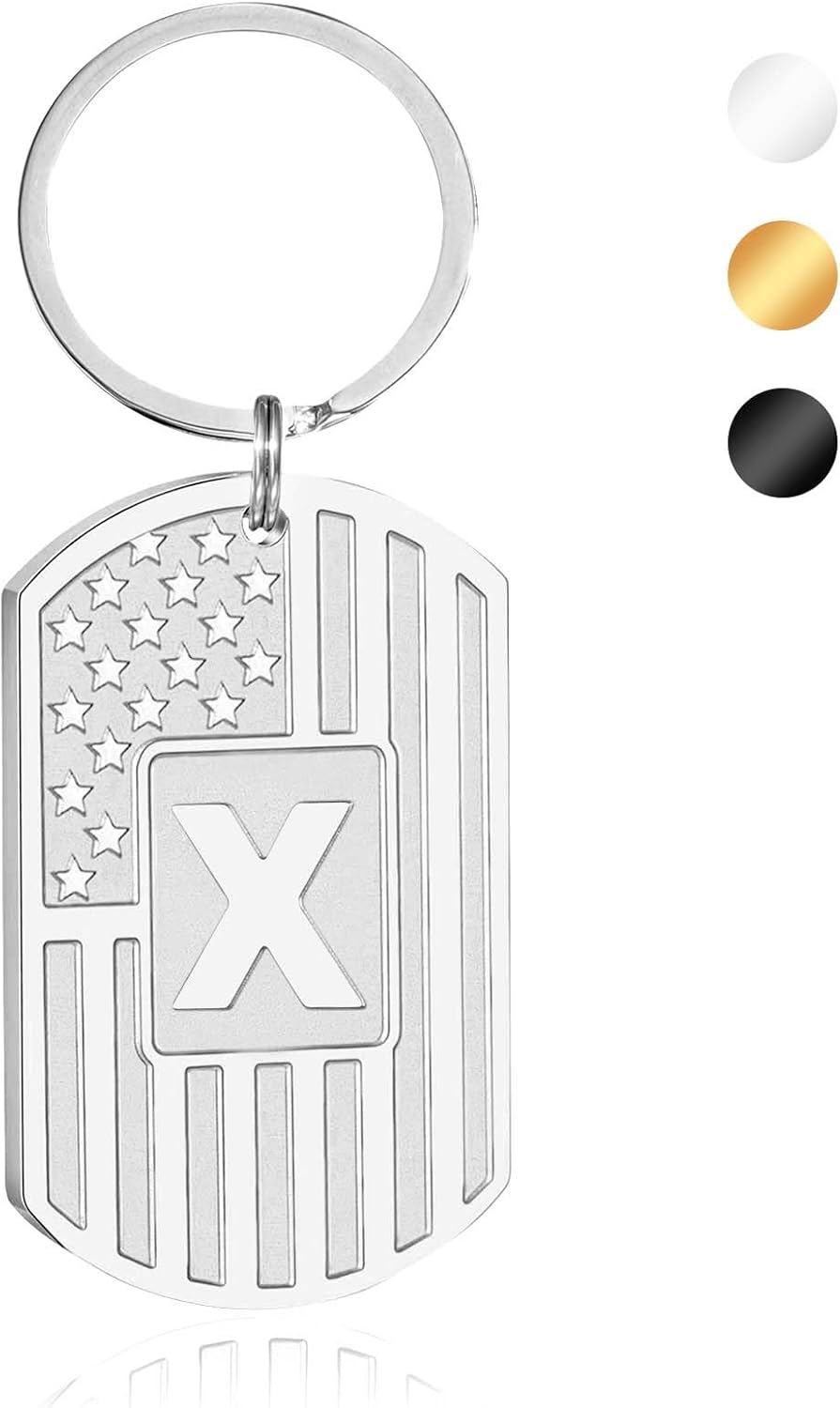 Initial Keychain Gifts for Men,A-Z Letter American Flag Dog Tag Stainless Steel Keychain,Mens Accessories Gift