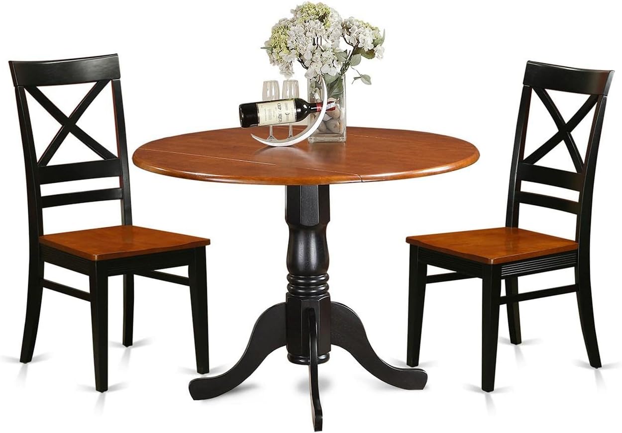 East West Furniture DLQU3-BCH-W 3 Piece Dining Set Contains a Round Dining Table with Dropleaf and 2 Kitchen Chairs, 42x42 Inch, Black & Cherry