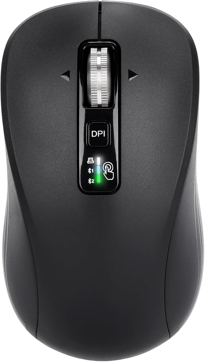Wireless Mouse with 2 Bluetooth and 1 USB, 4-Way Scrolling, Full Size Mouse, Silent, Long Battery Life, Adjustable Cursor Speed, for Computer, Laptop, Tablets, iPad, Desktop, MacBook (No Side buttons)