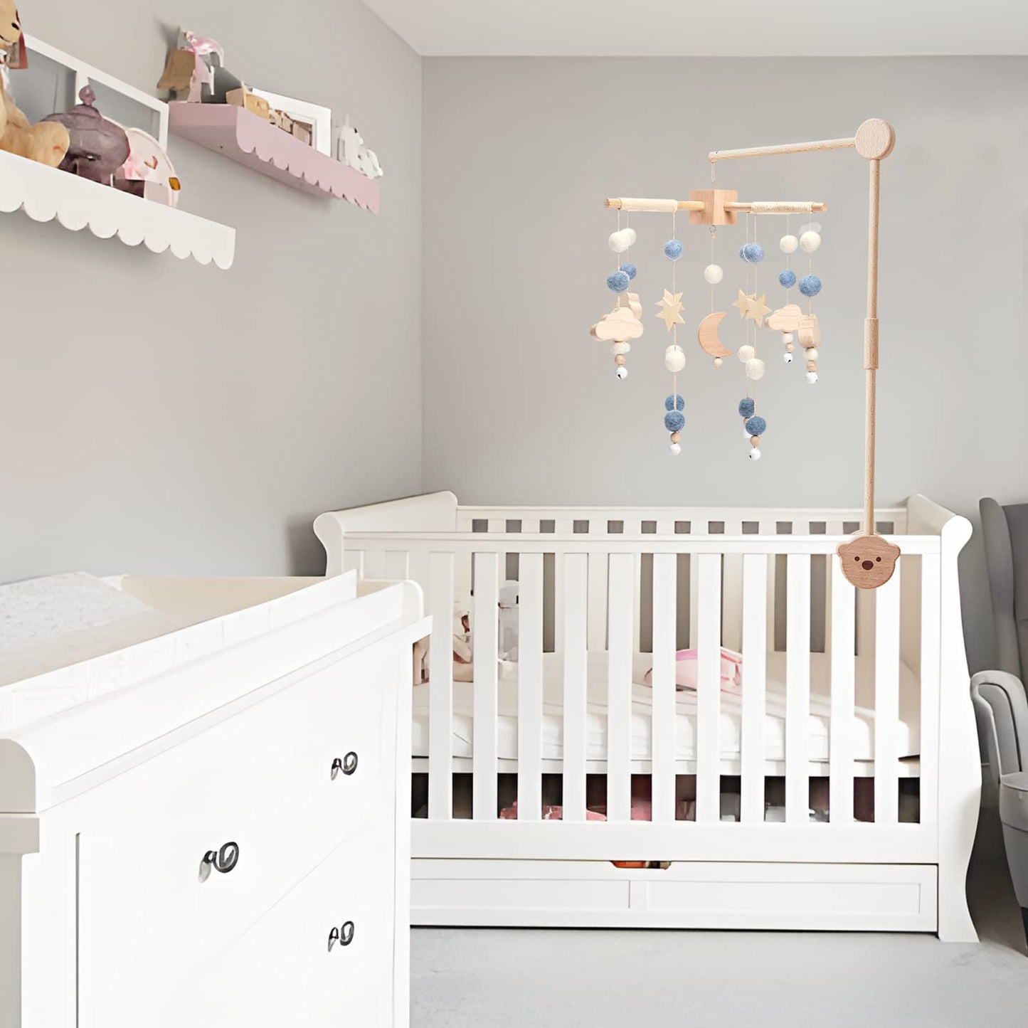 Boho Baby Crib Mobile Decor - Wooden Moon and Stars Nursery Mobiles with Cloud for Bassinet Starry Night Handmade Soft Felt Beads Hanging Wind Chime Toys Pendant for Infant Newborn Boy and Girl