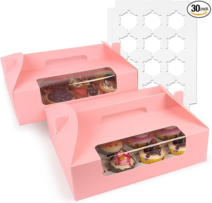 FORBFAN 30 Pcs Cupcake Boxes, 12 Count Muffin Boxes with Handle, Window, and Inserts, Pink Cupcake Holders Bakery Carrier Boxes for Cookies Treats Dessert