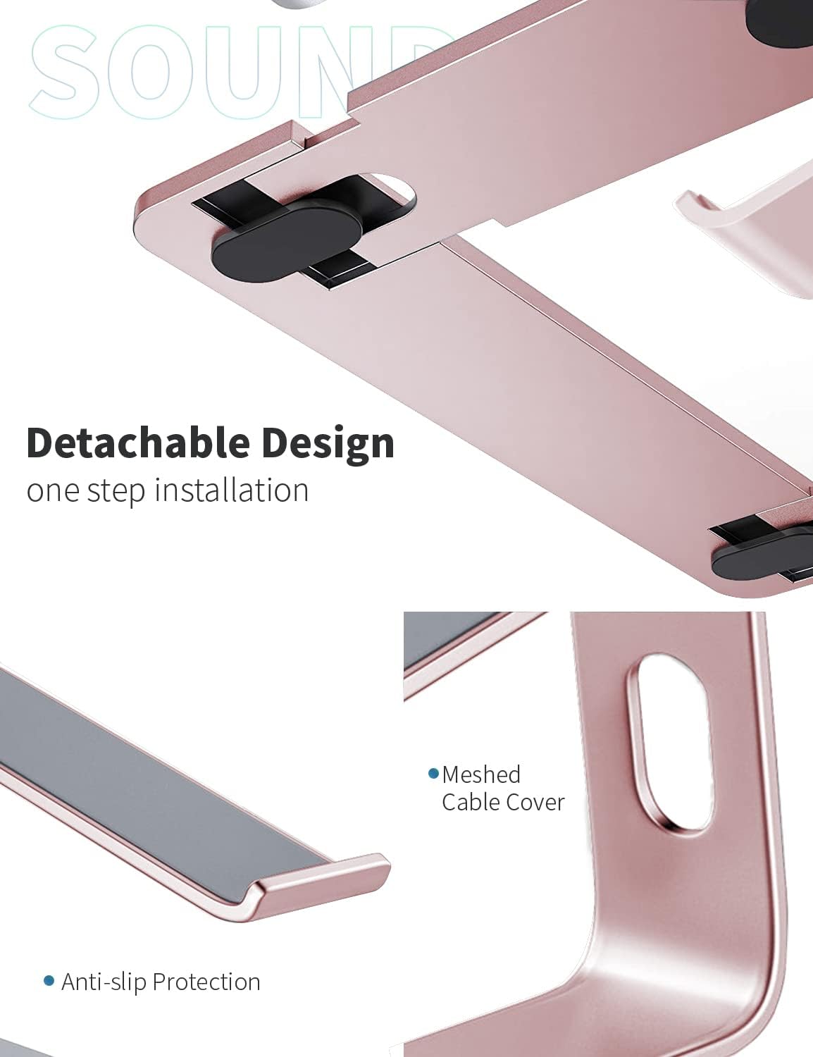 SOUNDANCE Laptop Stand, Aluminum Computer Riser, Ergonomic Laptops Elevator for Desk, Metal Holder Compatible with 10 to 15.6 Inches Notebook Computer, Gold Pink