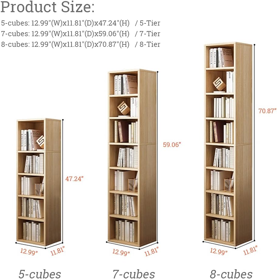 IOTXY Small Narrow Corner Bookcase - 47 Inches Tall Gap Freestanding Storage Cabinet, 5 Lattices Open Shelves Tower Rack, Cubes Bookshelf in Oak