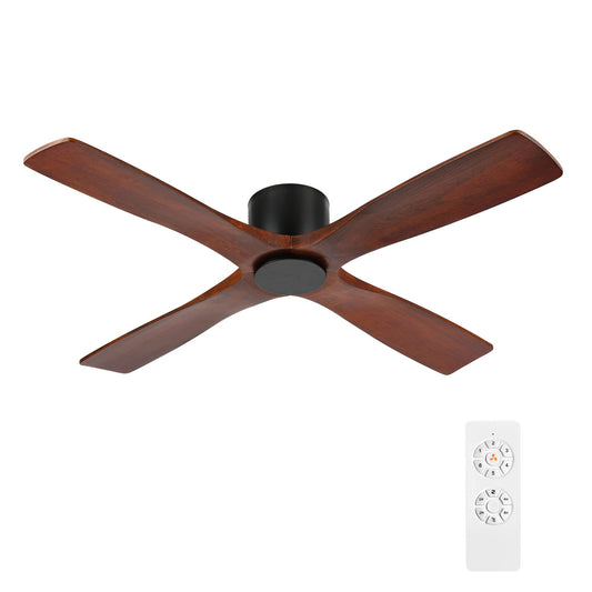 WINGBO 54 Inch Flush Mount DC Ceiling Fan without Lights, 4 Reversible Carved Wood Blades, 6-Speed Noiseless DC Motor, Hugger Ceiling Fan No Lights in Matte Black Finish with Walnut Blades, ETL Listed