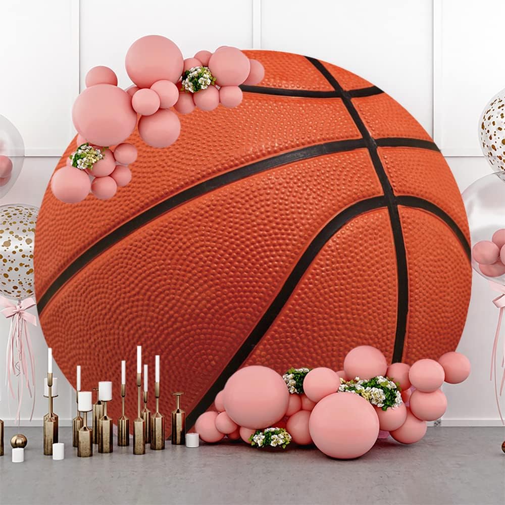 Leyiyi 7.5x7.5ft Basketball Round Backdrop Cover Brown Basketball Round Backdrop Basketball Match Sports Theme Circle Photography Background for Boys Baby Shower Newborn Gender Reveal Party Decor