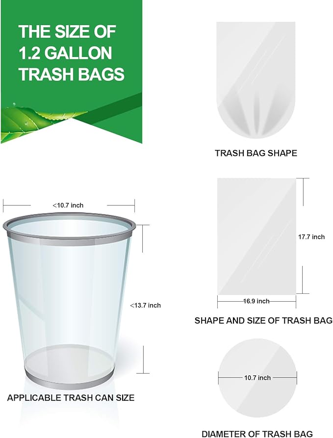 FORID Clear Small Trash Bags, 1.2 Gallon Garbage Bags, Wastebasket Bin Liners 220 Count Plastic Trash Bags for Bathroom Bedroom Office Garbage Can 5 Liters - Durable & Thick Trash Bag