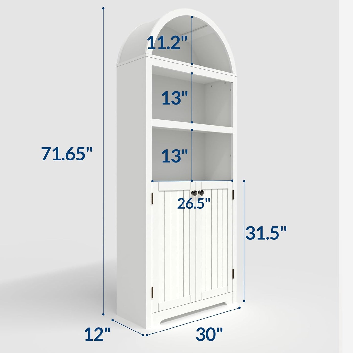 GAOMON 72'' Tall Arched Cabinet, 5 Tier Arched Bookshelf with Double Doors & Adjustable Shelf, Wooden Bookcase with Storage for Living Room, Bedroom, Study, Kitchen, Home Office, White