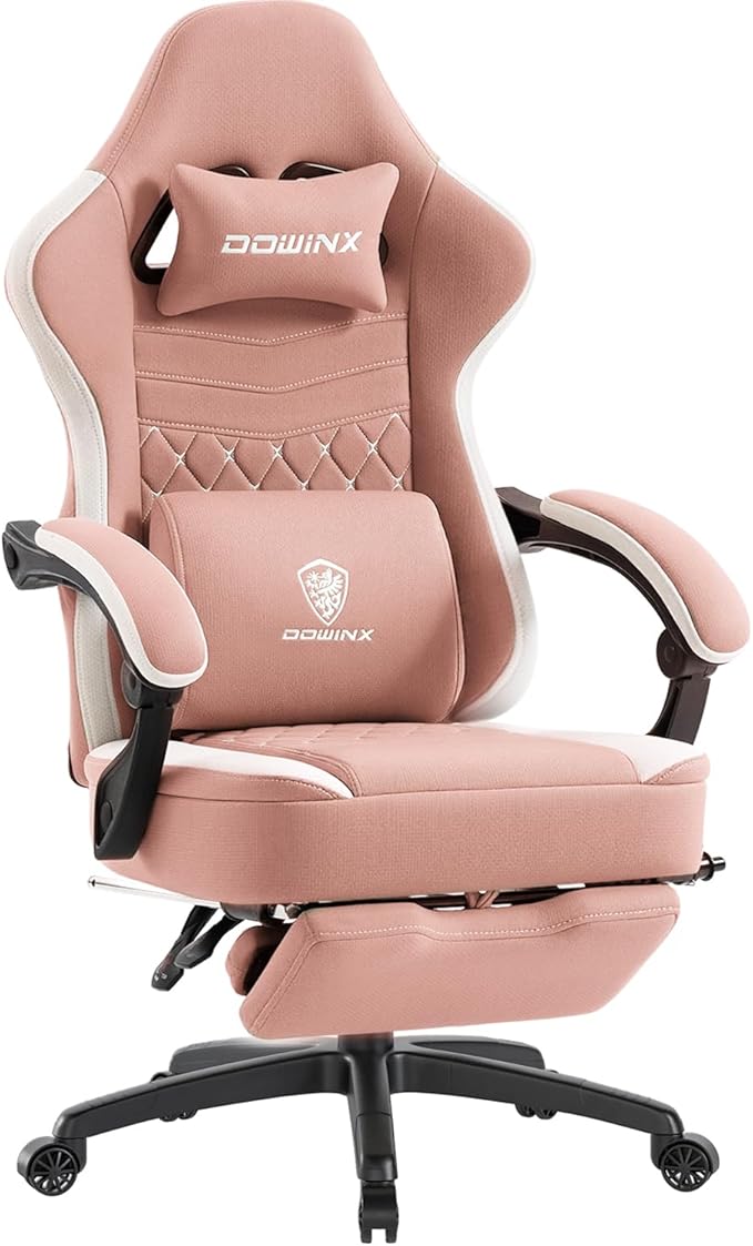 Dowinx Gaming Chair with Footrest, Breathable Fabric Gamer Chair with Gel Pad and Storage Bag, Ergonomic Office Chair with Lumbar Support for Home Task, Pink
