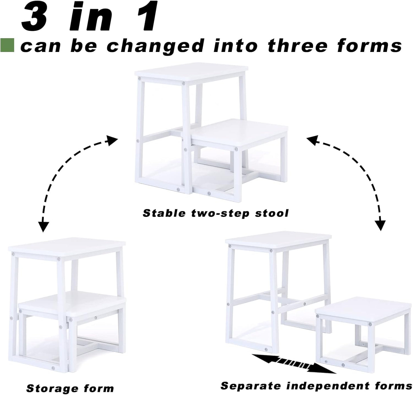 Step Stool for Adults & Kids,Holds up to 500Lb,3 in1 Heavy Duty Sturdy 2 tair Wooden StepStool for Kichen/Bathroom/High beds, Metal Frame, Non-Slip Pads