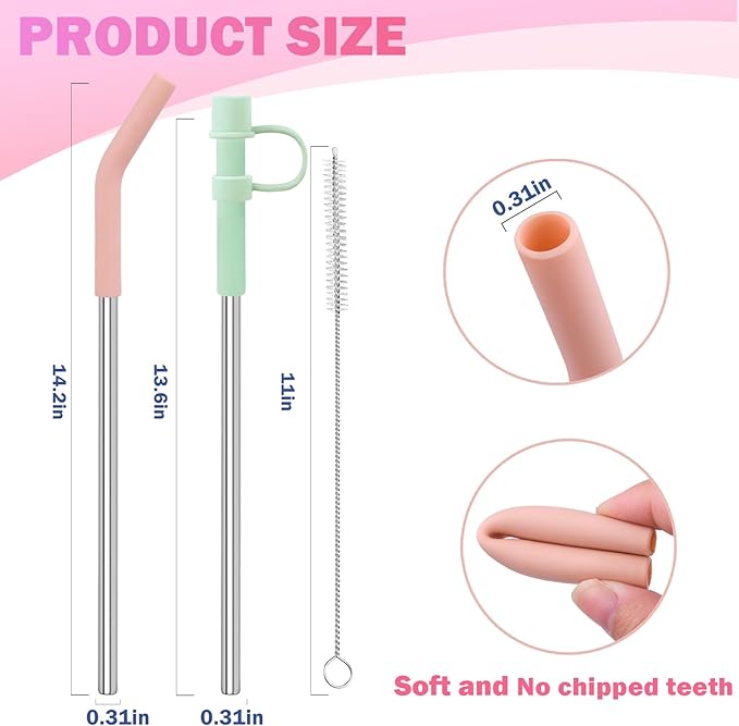 6pc Stainless Steel Straws Reusable for Stanley Tumbler 40 oz, 12 Inch Metal Straight Replacement Straw with Silicone Tips, Straw Covers and Cleaning Brushes