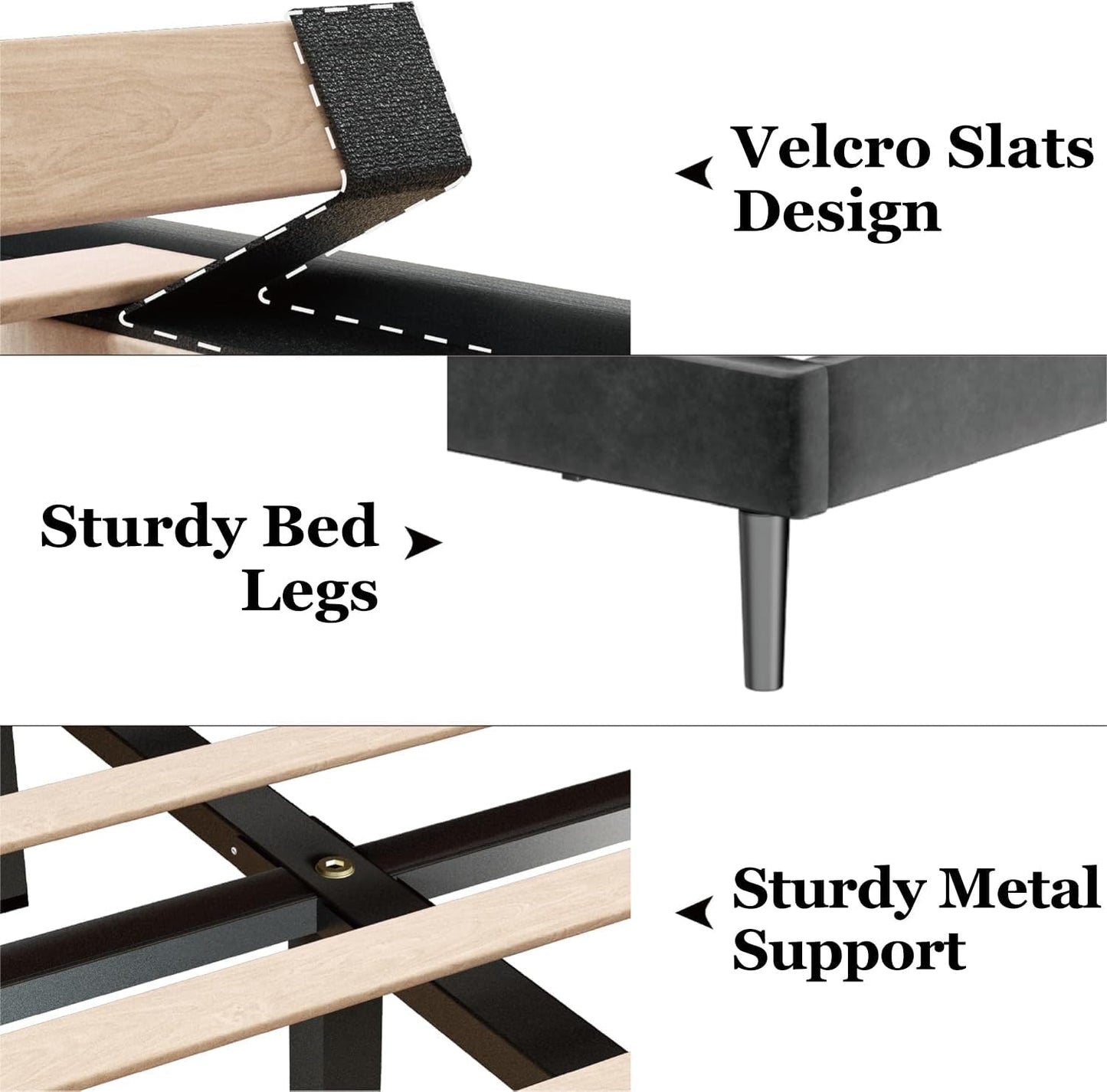 Queen Size Bed Frame with Velvet Upholstered Headboard, Platform Bed with Strong Wood Slats, Mattress Foundation, Box Spring Optional, Easy Assembly, Black