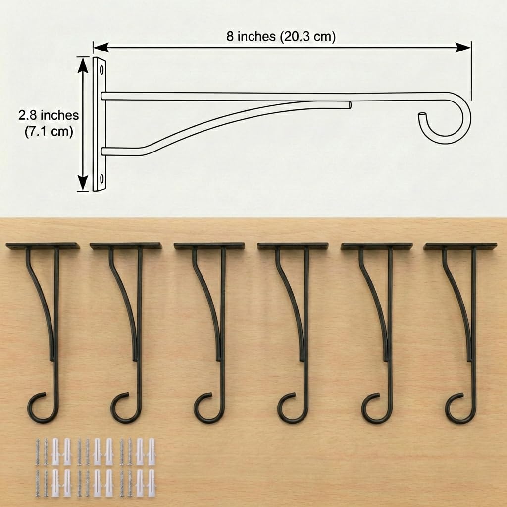 Eyrosa 8" Plant Hangers 6 Pack, Hanging Plant Bracket for Wall Fence Porch Outdoor Indoor, Metal Plant Hooks for Basket, Flower, Planter, Feeder, Lantern, Wind Chime