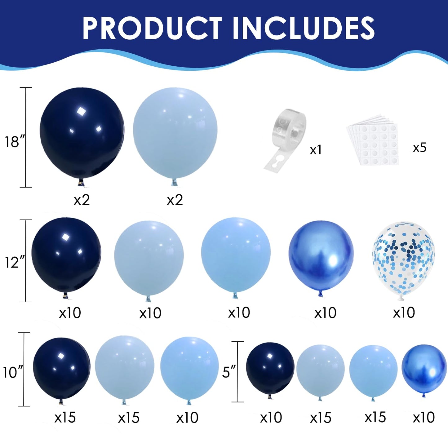 Blue Balloon Arch kit, Navy Dark Metallic Blue and Matte Light Blue Balloons Garland with Blue Confetti Latex Balloons for Birthday Wedding Anniversary Gender Reveal Party Decorations