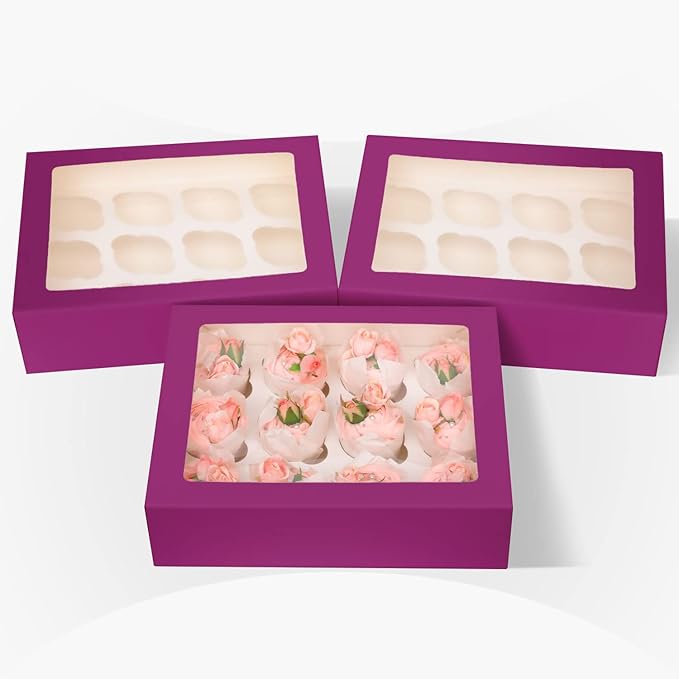 Bakepacker 12 Cupcake Containers 10-Packs Deep Purple Cupcake Box Cupcakes Carrier, 12 Cupcake Boxes with Window 13"x10"x3.5"（Auto-pop up）