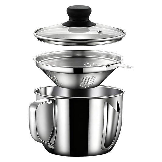 Hapivida Bacon Grease Container with Strainer, 35oz/1L Stainless Steel Oil Separator Saver with Fine Mesh Strainer Oil Filter Pot with Lid Fat Storage