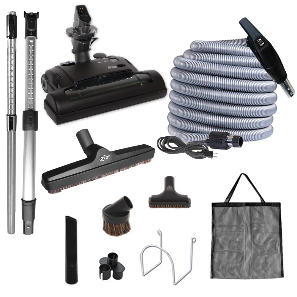 OVO Central Vacuum Carpet Deluxe Kit, 35ft ON/Off High-Voltage Hose with Pigtail, Deluxe 6 Adjustable Height Electric Carpet Bea