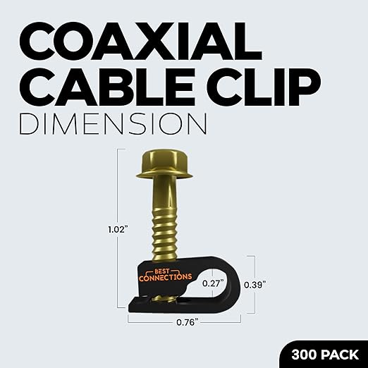 BEST CONNECTIONS Coaxial Cable Clips With Pre-Inserted Screw (300 Pack) - Black Single Mounting Clamps for Coax (RG6, RG59) and Ethernet - Cord Fastener/Strain Relief Clip
